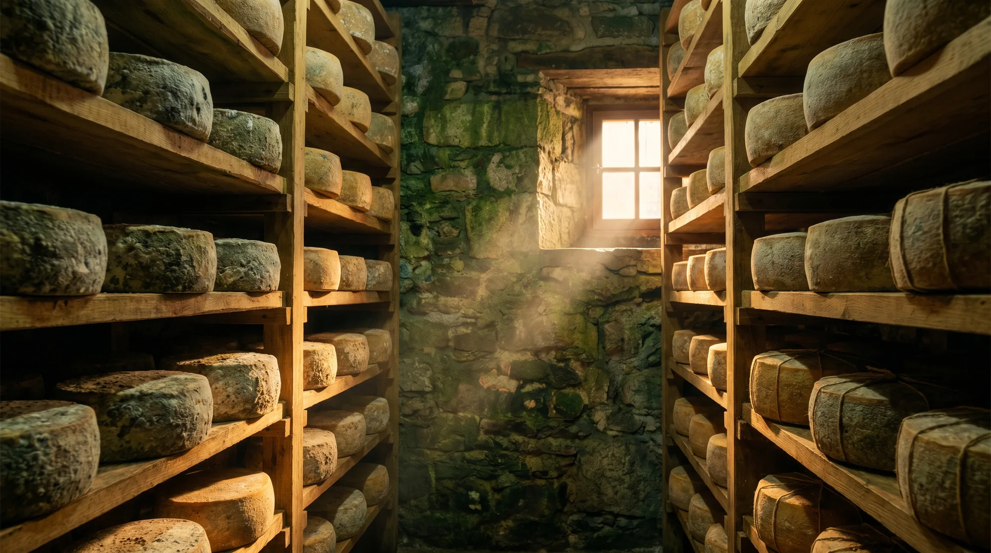 Forme di formaggio stagionate su assi di legno in una cantina di pietra