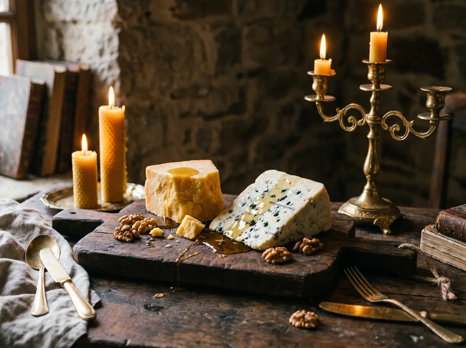 Formaggio servito con miele e gherigli di noce su un tagliere di legno