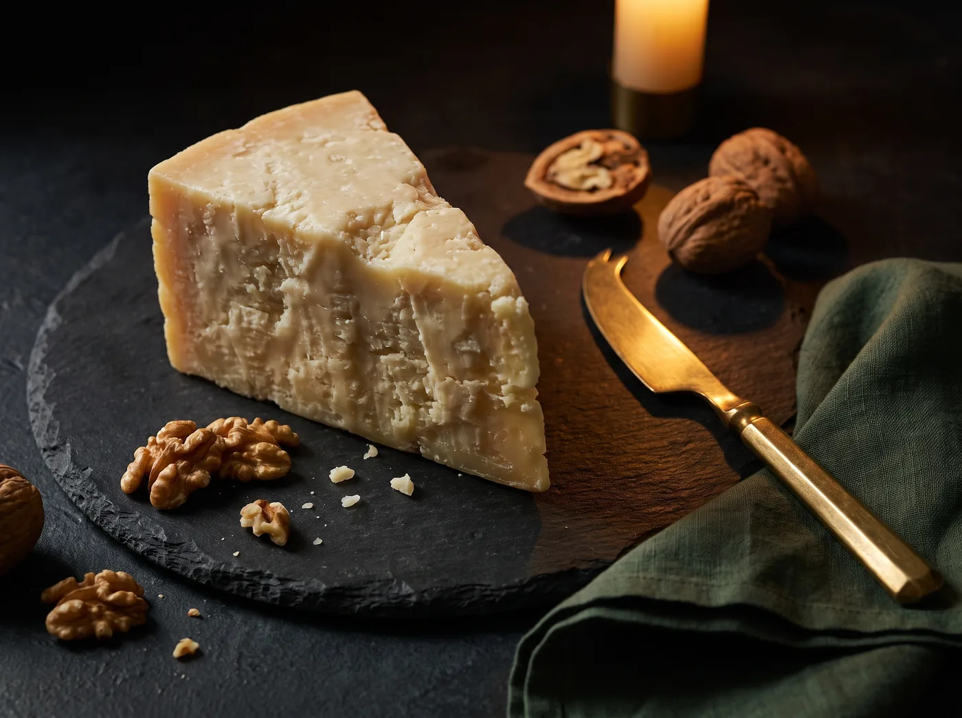 Forma di pecorino stagionato con crosta ambrata, tagliata a spicchio